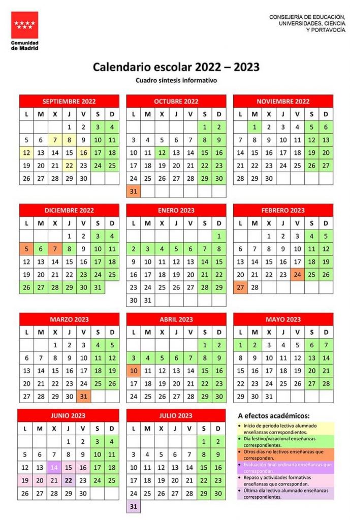 Опубликован школьный календарь автономии Мадрид 2022/2023 - Madridru.es
